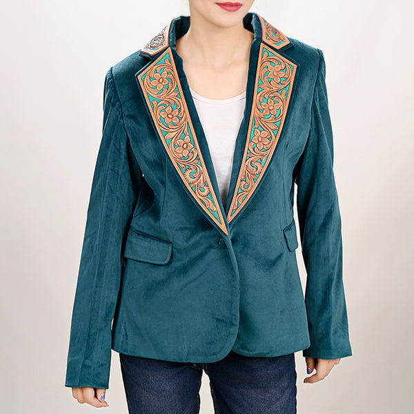 ADBZ027 Luxury Teal Fabric Western Blazer with Floral Harness Leather Trim