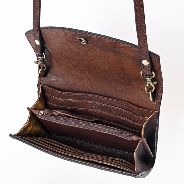 ADBGA379 Western Sunflower Tooled Leather Organiser Bag Handcrafted Floral Crossbody Wallet