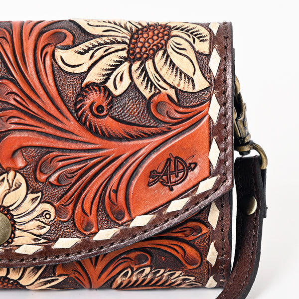 ADBGA379 Western Sunflower Tooled Leather Organiser Bag Handcrafted Floral Crossbody Wallet