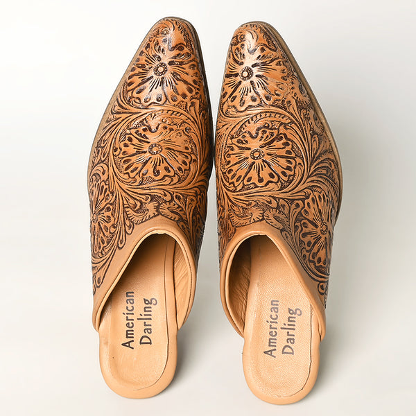 LC-ADFT163 Women's Hand-Tooled Leather Mule Heels - American Darling Western Block Mules