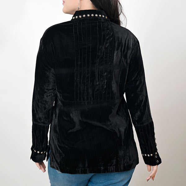 ADSH029 Women's Western Black Velvet Shirt Dress Tunic Ladies Girl Top with Antique Concho Accents