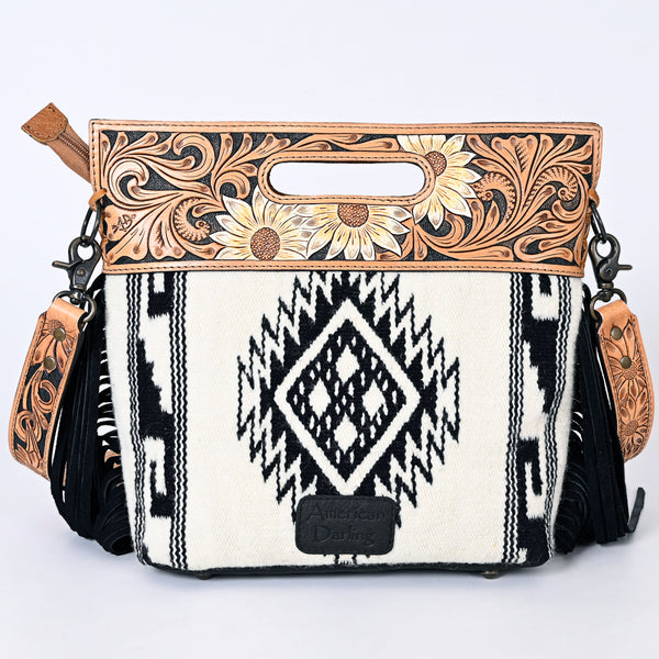 ADBGS146 Aztec Wool & Tooled Leather Shoulder Bag - Western Fringe Crossbody