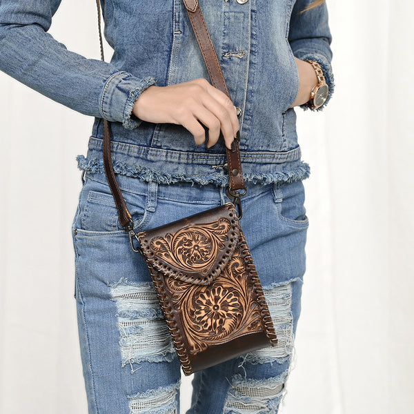 ADBGZ750 Hand Tooled Leather Phone Cellphone Holder - Western Floral Sling Bag