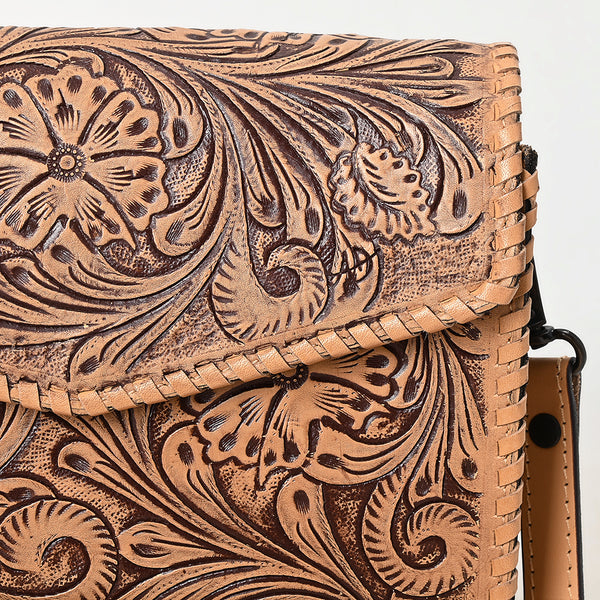 ADBGZ752 Natural Hand Tooled Leather Crossbody Bag - Western Floral Whipstitch Purse