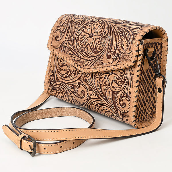 ADBGZ752 Natural Hand Tooled Leather Crossbody Bag - Western Floral Whipstitch Purse