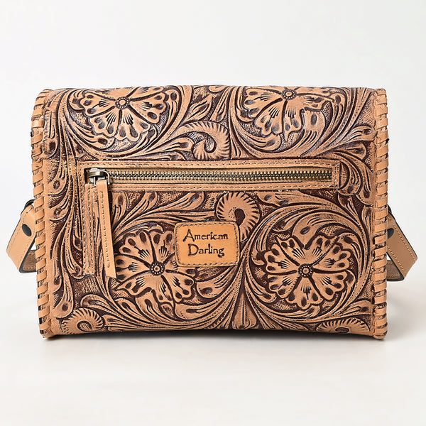 ADBGZ752 Natural Hand Tooled Leather Crossbody Bag - Western Floral Whipstitch Purse
