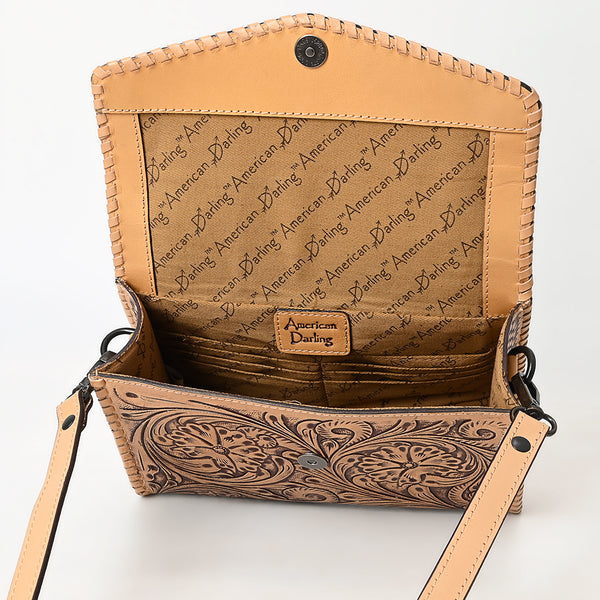 ADBGZ752 Natural Hand Tooled Leather Crossbody Bag - Western Floral Whipstitch Purse
