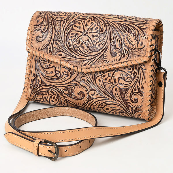 ADBGZ752 Natural Hand Tooled Leather Crossbody Bag - Western Floral Whipstitch Purse