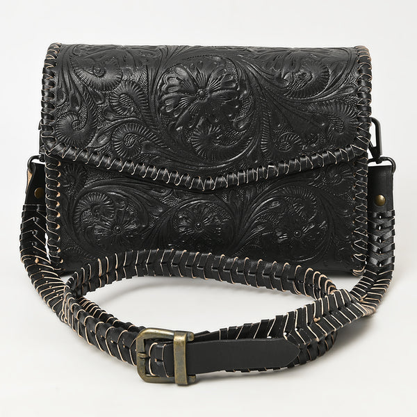 ADBGZ752B Black Hand Tooled Leather Crossbody Bag - Western Floral Whipstitch Purse