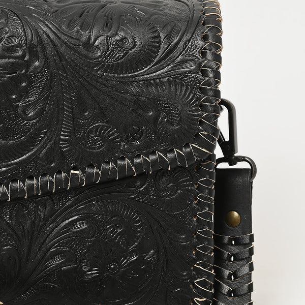 ADBGZ752B Black Hand Tooled Leather Crossbody Bag - Western Floral Whipstitch Purse