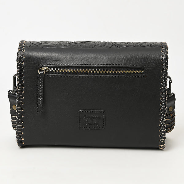 ADBGZ752B Black Hand Tooled Leather Crossbody Bag - Western Floral Whipstitch Purse