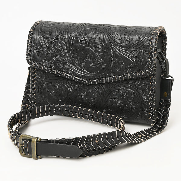 ADBGZ752B Black Hand Tooled Leather Crossbody Bag - Western Floral Whipstitch Purse