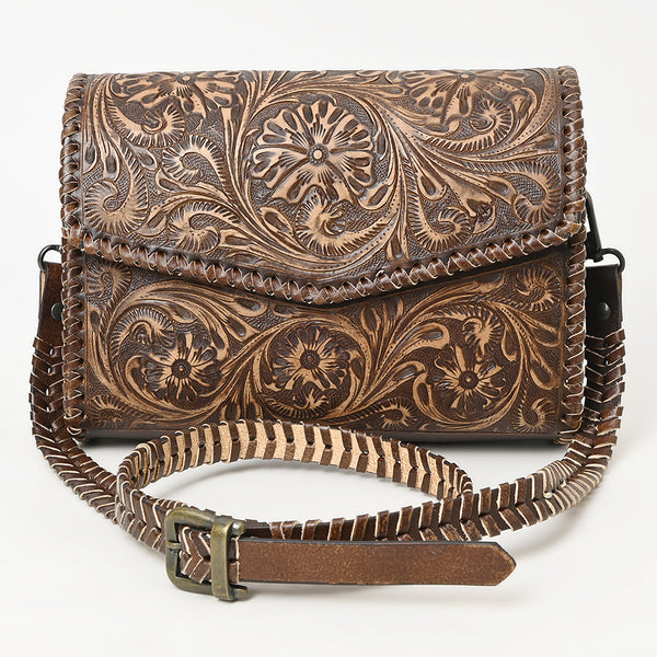 ADBGZ752 Natural Hand Tooled Leather Crossbody Bag - Western Floral Whipstitch Purse