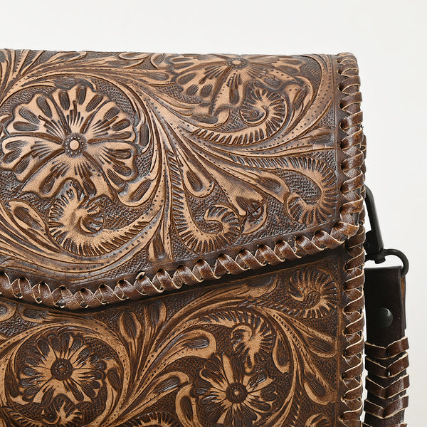 ADBGZ752 Natural Hand Tooled Leather Crossbody Bag - Western Floral Whipstitch Purse