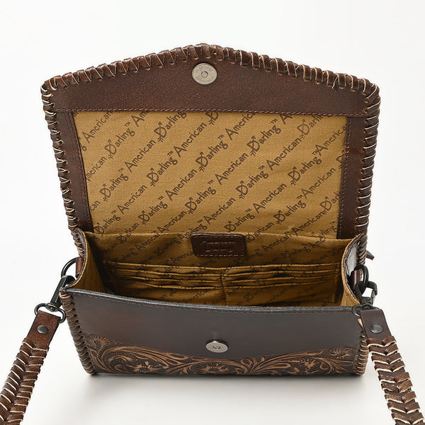ADBGZ752 Natural Hand Tooled Leather Crossbody Bag - Western Floral Whipstitch Purse