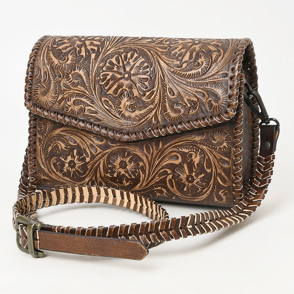 ADBGZ752 Natural Hand Tooled Leather Crossbody Bag - Western Floral Whipstitch Purse