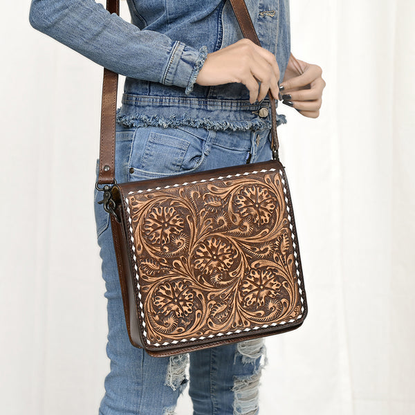 ADBGZ753 Square Hand Tooled Leather Crossbody Bag - Western Floral White Whipstitch Trim