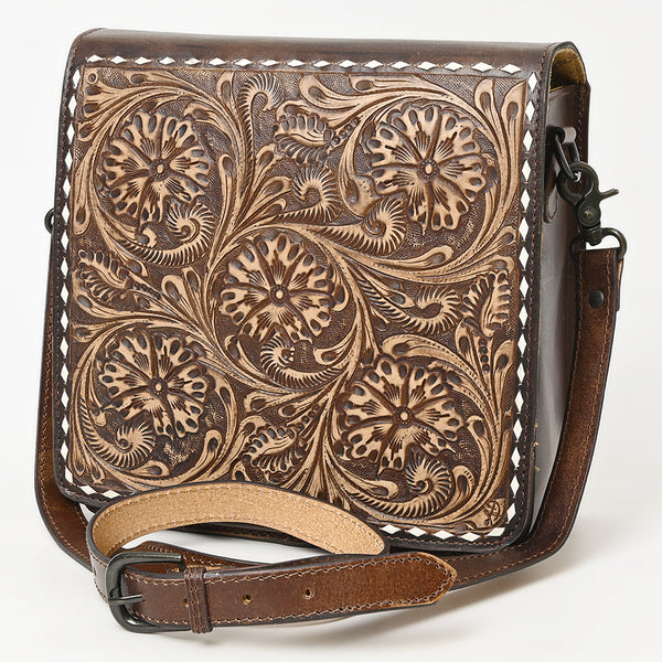 ADBGZ753 Square Hand Tooled Leather Crossbody Bag - Western Floral White Whipstitch Trim