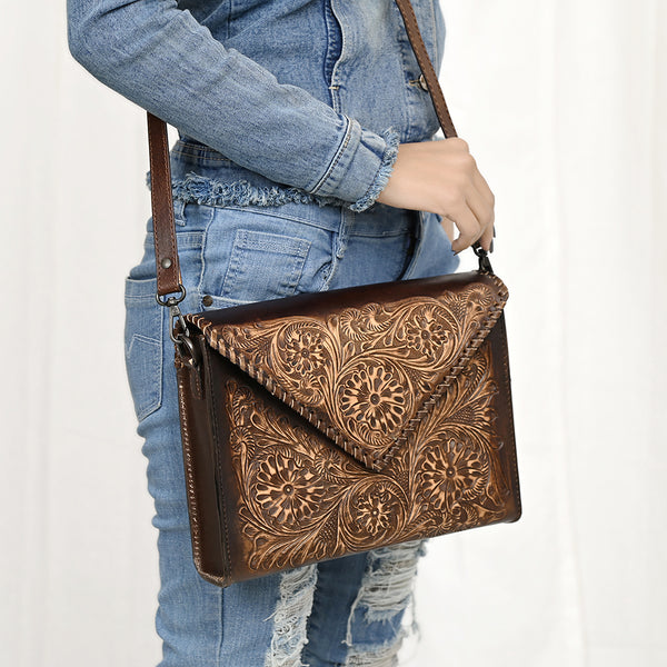 ADBGZ754 Envelope Hand Tooled Leather Wallet Bag - Western Floral Whipstitch Purse