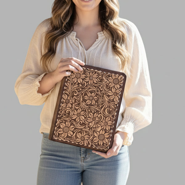 ADBG1184 American Darling Hand Tooled Leather Portfolio Bag -Floral Carved Tablet Sleeve