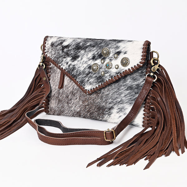 ADBGA388 American Darling Hair-On Cowhide Western Fringe Crossbody with Concho Accents