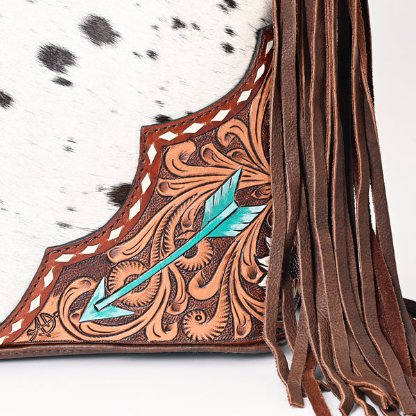 ADBGA390 American Darling Western Tooled Leather Fringe Hobo Bag with Cowhide and Turquoise Arrows