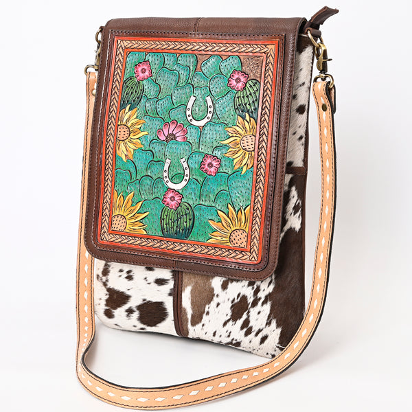 ADBGA392 American Darling Hair-On Cowhide Hand Tooled Genuine Leather Messenger Bag