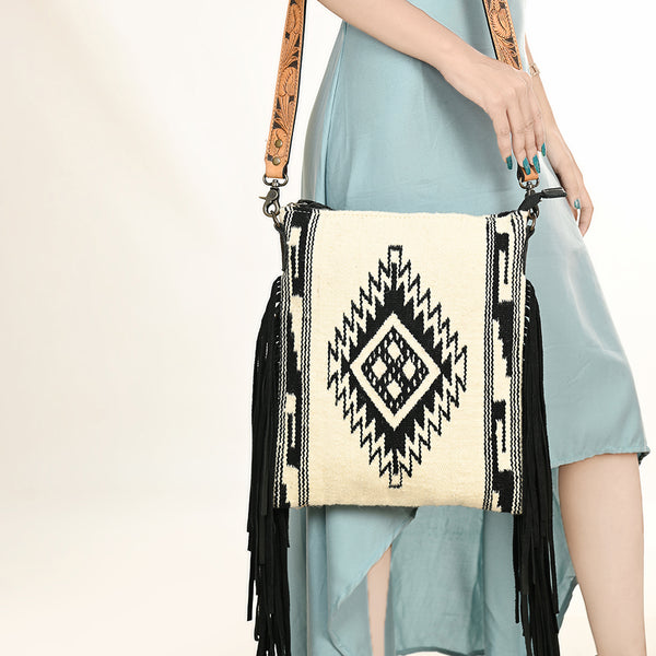 ADBG298 American Darling Large Cross body Bag - Hand Tooled Floral Leather & Woven Saddle Blanket Purse