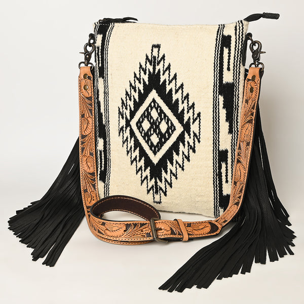 ADBG298 American Darling Large Cross body Bag - Hand Tooled Floral Leather & Woven Saddle Blanket Purse