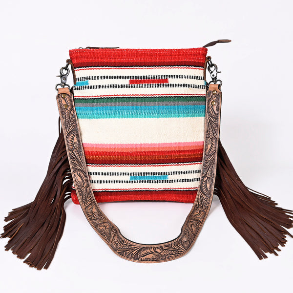 ADBGS192 Wool Large Crossbody Bag with Tooled Leather Strap and Fringe - Western Boho Purse