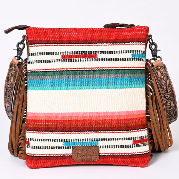 ADBGS192 Wool Large Crossbody Bag with Tooled Leather Strap and Fringe - Western Boho Purse