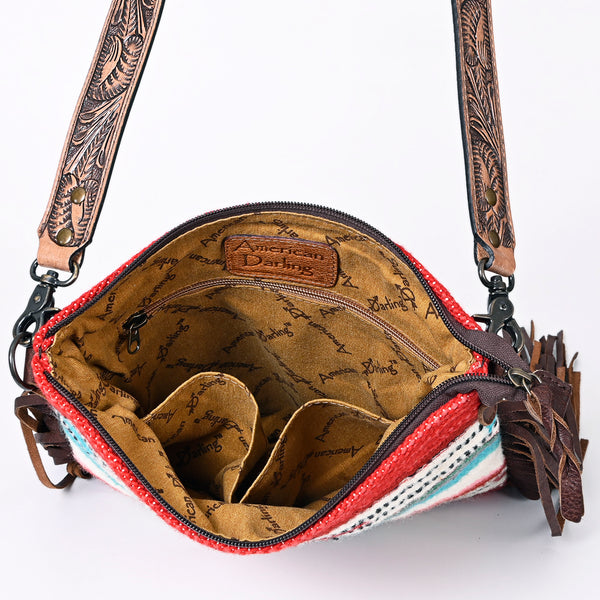 ADBGS192 Wool Large Crossbody Bag with Tooled Leather Strap and Fringe - Western Boho Purse