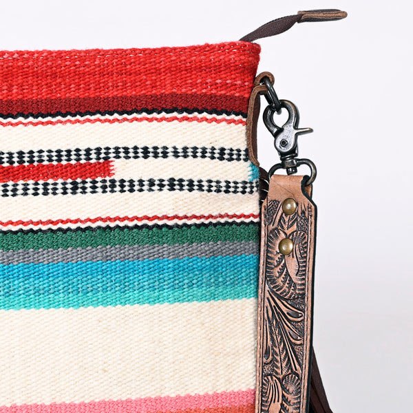 ADBGS192 Wool Large Crossbody Bag with Tooled Leather Strap and Fringe - Western Boho Purse