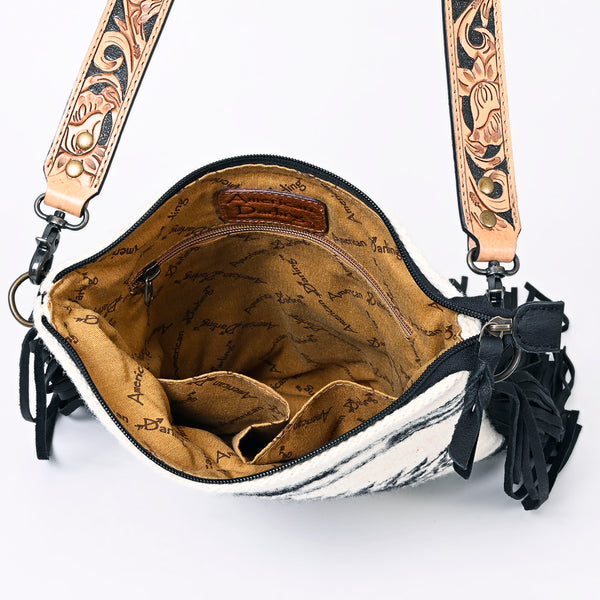 ADBGS192 Wool Large Crossbody Bag with Tooled Leather Strap and Fringe - Western Boho Purse