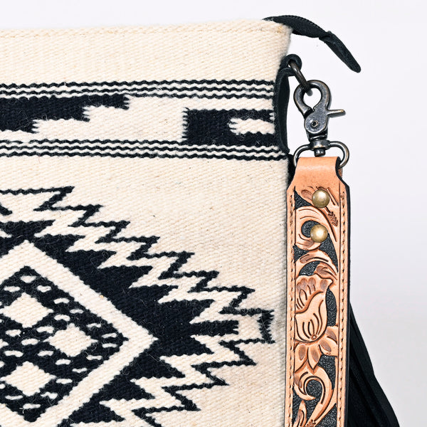 ADBGS192 Wool Large Crossbody Bag with Tooled Leather Strap and Fringe - Western Boho Purse
