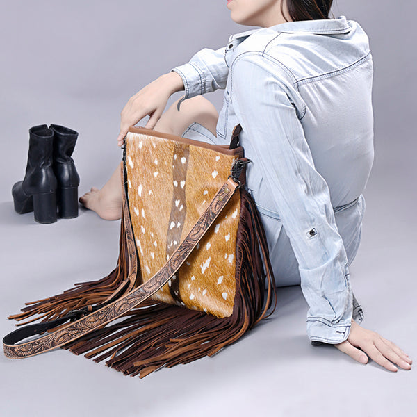 ADBGS192 Natural Cowhide Large Crossbody Bag with Fringe - Tooled Strap Western Purse