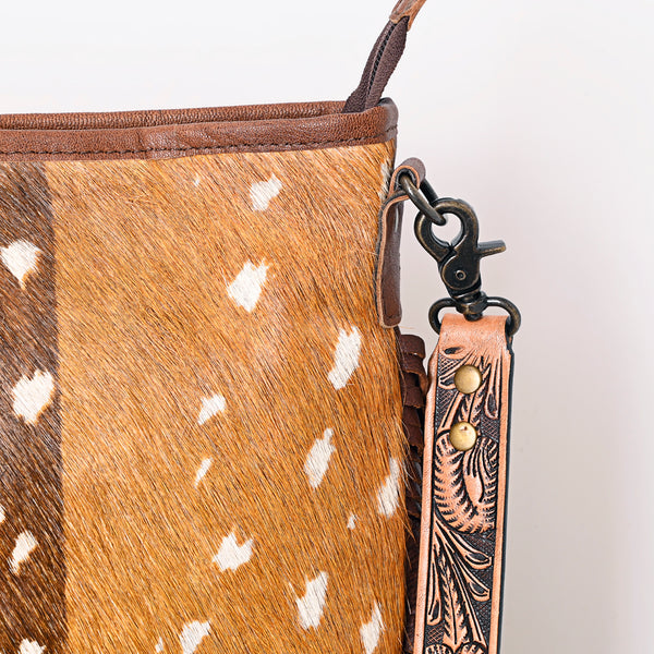 ADBGS192 Natural Cowhide Large Crossbody Bag with Fringe - Tooled Strap Western Purse