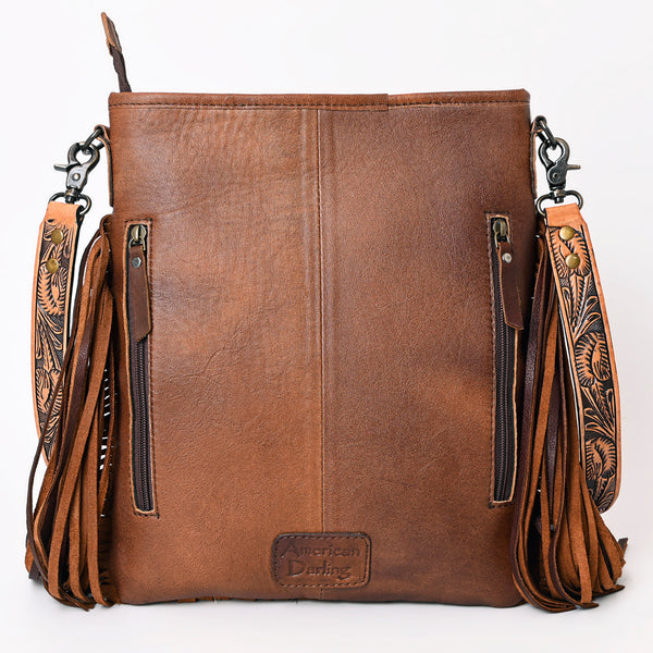 ADBGS192 Natural Cowhide Large Crossbody Bag with Fringe - Tooled Strap Western Purse
