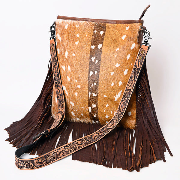 ADBGS192 Natural Cowhide Large Crossbody Bag with Fringe - Tooled Strap Western Purse
