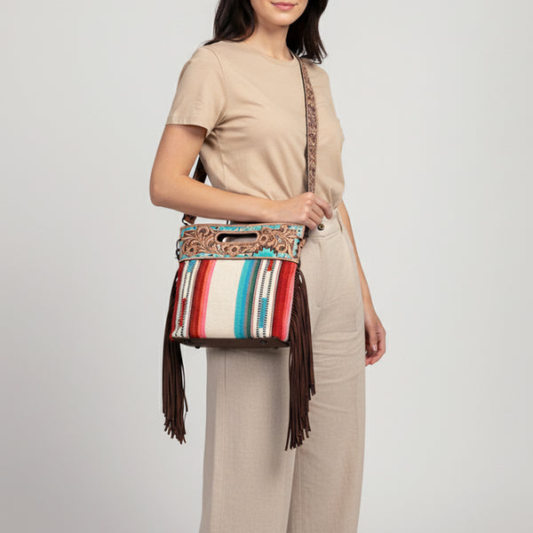 ADBGS146 Serape Wool & Turquoise Tooled Leather Crossbody - Fiesta Fringe Edition