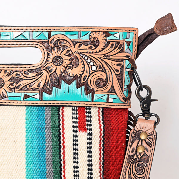 ADBGS146 Serape Wool & Turquoise Tooled Leather Crossbody - Fiesta Fringe Edition
