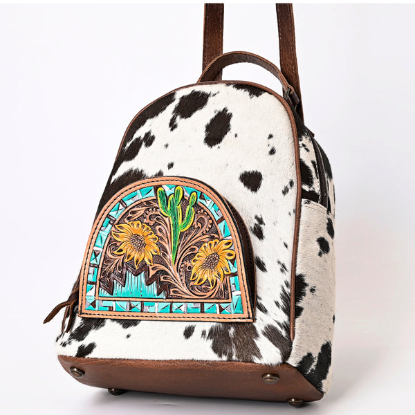 ADBGS156 Genuine Cowhide Leather Backpack with Hand-Tooled Floral Patch - Western Rodeo Style