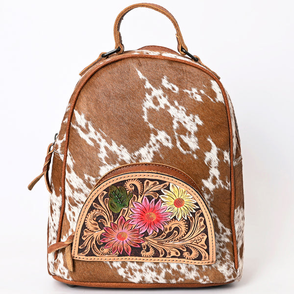 ADBGS156 Genuine Cowhide Leather Backpack with Hand-Tooled Floral Patch - Western Rodeo Style