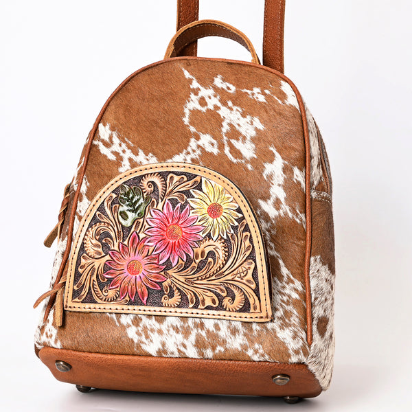 ADBGS156 Genuine Cowhide Leather Backpack with Hand-Tooled Floral Patch - Western Rodeo Style