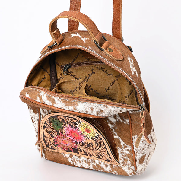 ADBGS156 Genuine Cowhide Leather Backpack with Hand-Tooled Floral Patch - Western Rodeo Style