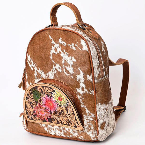 ADBGS156 Genuine Cowhide Leather Backpack with Hand-Tooled Floral Patch - Western Rodeo Style