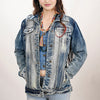 LC-ADJKT018 Tooled Leather Yoke Denim Jacket with Fringe