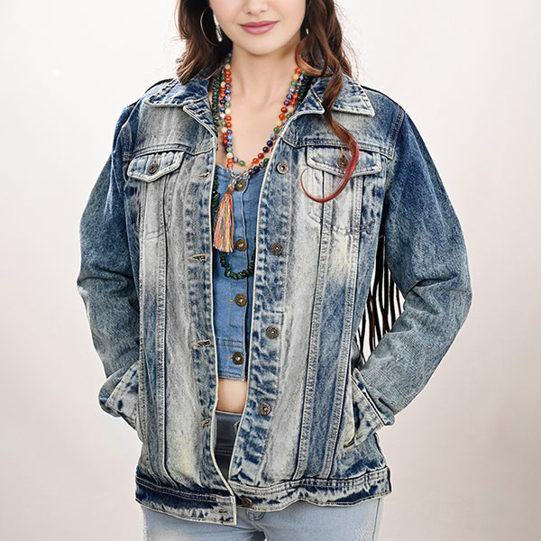LC-ADJKT018 Tooled Leather Yoke Denim Jacket with Fringe