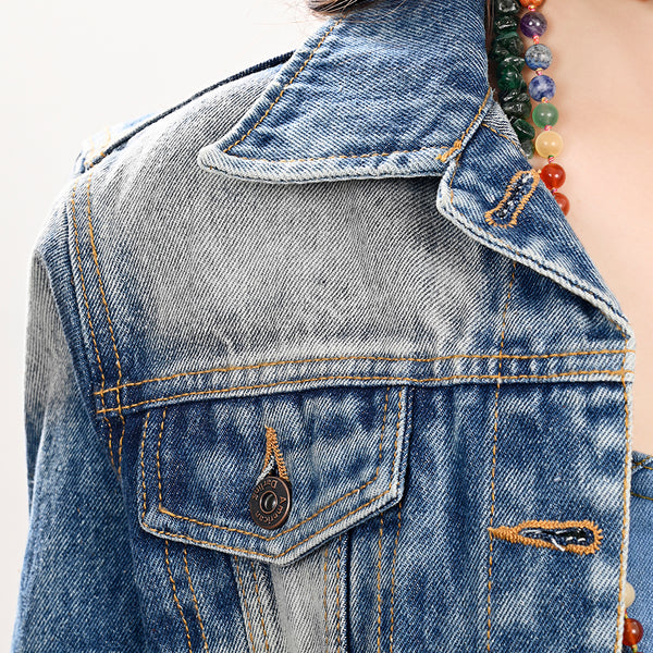 LC-ADJKT019 Turquoise Accented Tooled Leather Denim Jacket with Fringe