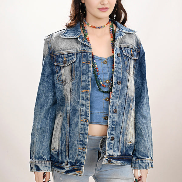 LC-ADJKT019 Turquoise Accented Tooled Leather Denim Jacket with Fringe